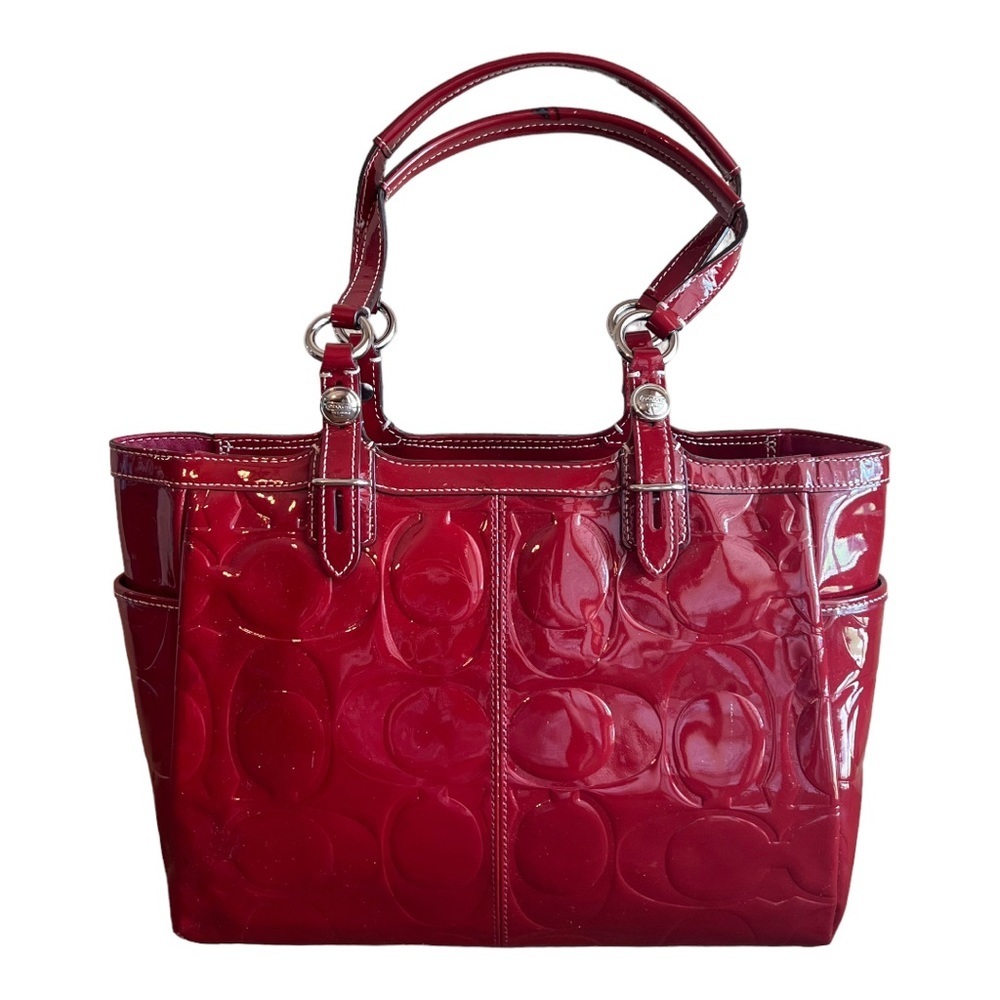 Coach Gallery Signature Embossed Dark Red Patent Leather Shoulder Bag.
